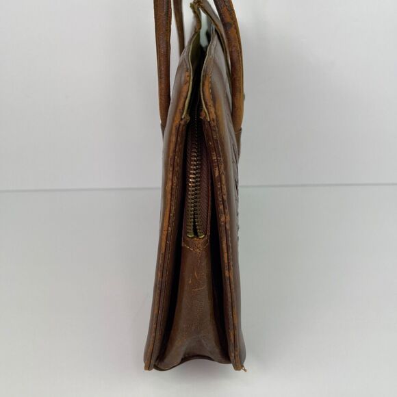 Vintage Brown Leather Hand Tooled Mexican Bag Purse with Duck Pond Scene - Picture 10 of 16